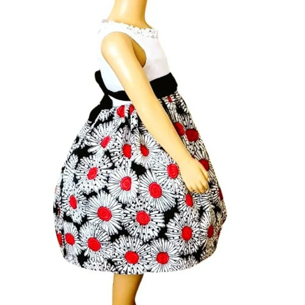 American Princess Floral Dress 5 Girls Sleeveless Red Black Daisy Ruffle Neck